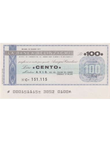 100 lire A.V.I.S. ass. vol. italiani del sangue - comune di MI - 30.06.1977 - (BBEL9) FDS