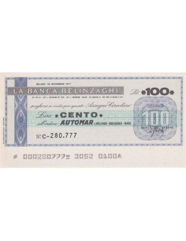 100 lire AUTOMAR Milano - Bologna - Bari - 30.11.1977 - (BBEL11) FDS