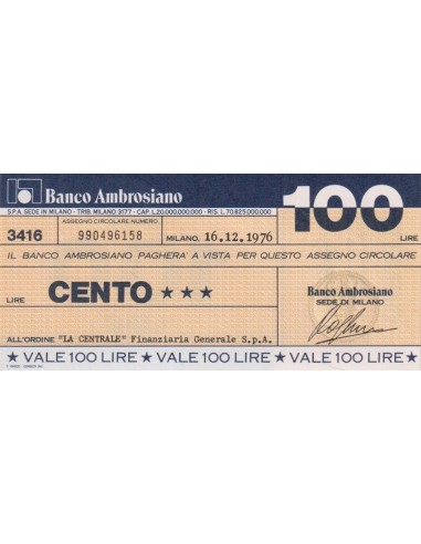 100 lire "La Centrale" Finanziaria Generale S.p.A. - 16.12.1976 - (BAMB1) FDS