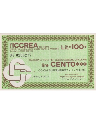 100 lire CO-CHI SUPERMARKET s.r.l. - 03.01.1977 - (ICCREA3) FDS