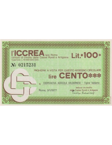 100 lire COOPERATIVA AGRICOLA VALDARNESE - 03.01.1977 - (ICCREA5) FDS