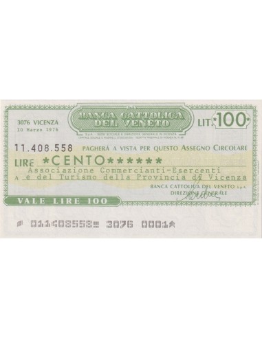 100 lire Ass. Comm.-Esercenti e Turismo Prov. di Vicenza - 10.03.1976 - (BCV5) FDS