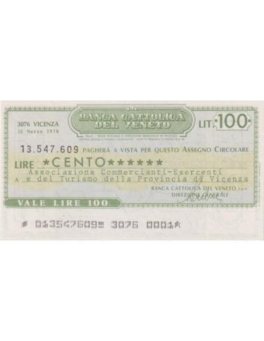 100 lire Ass. Comm.-Esercenti Turismo Prov. di Vicenza - 18.03.1976 - (BCV13) FDS