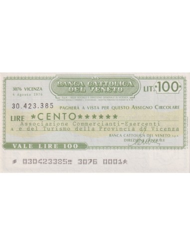 100 lire Ass. Comm.-Esercenti e Turismo della  Prov. Vicenza - 04.08.1976 - (BCV31) FDS