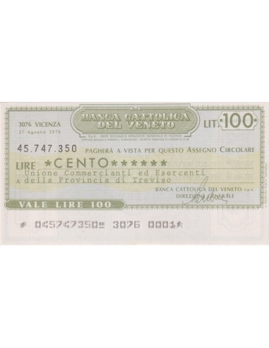 100 lire Unione Comm. ed Esercenti Prov. Treviso - 27.08.1976 - (BCV44) FDS