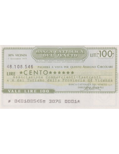 100 lire  Ass. Comm.-Esercenti e Turismo Prov. Vicenza - 07.09.1976 - (BCV52) FDS