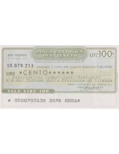 100 lire Ass. Comm.-Esercenti e Turismo Prov. Vicenza - 20.09.1976 - (BCV57) FDS