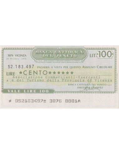 100 lire Ass. Comm.-Esercenti e Turismo Prov. Vicenza - 20.10.1976 - (BCV61) FDS