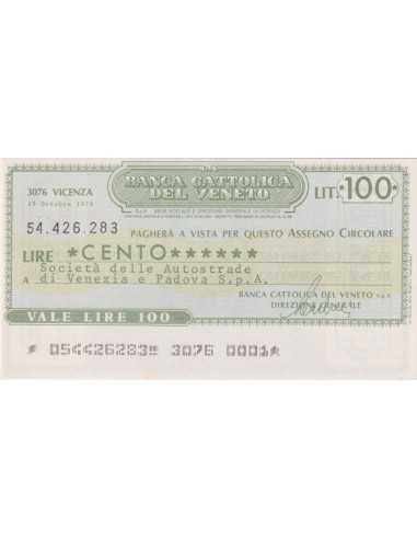 100 lire Società delle Autostrade di Venezia e Padova S.p.A - 29.10.1976 - (BCV69) FDS