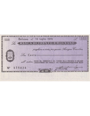 100 lire Unione del Commercio e Turismo Prov. di Bolzano - 15.07.1976 - (BTB4) FDS