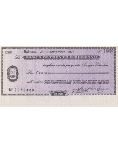 100 lire Unione del Commercio e Turismo Prov. di Bolzano - 03.09.1976 - (BTB6) FDS