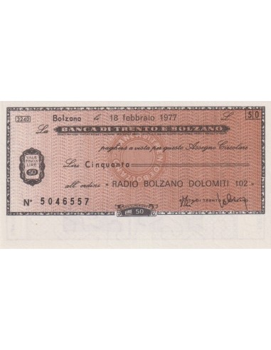 50 lire “ Radio Bolzano Dolomiti 102 “ - 18.02.1977 - (BTB20) FDS