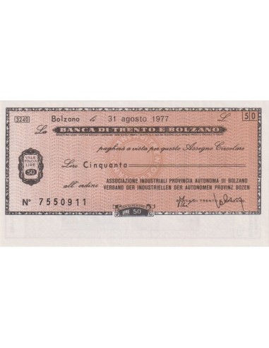 50 lire Unione del Commercio e Turismo Prov. di Bolzano - 31.08.1977 - (BTB26) FDS