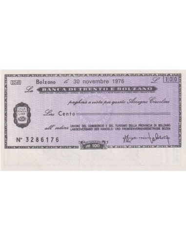 100 lire Unione Commercio e Turismo Prov. Bolzano - 30.11.1976 - (BTB31) FDS