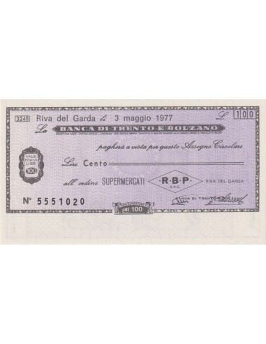 100 lire Supermercati RBP s.n.c. Riva del Garda - 03.05.1977 - (BTB41) FDS