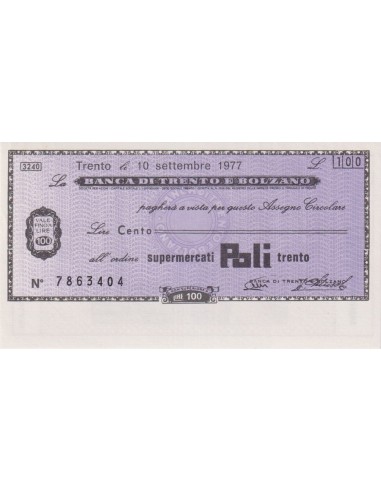 100 lire Supermercati Poli Trento - 10.09.1977 - (BTB46) FDS