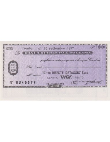 100 lire “Ditta Oreste Detassis” S.a.s. - 20.09.1977 - (BTB48) FDS