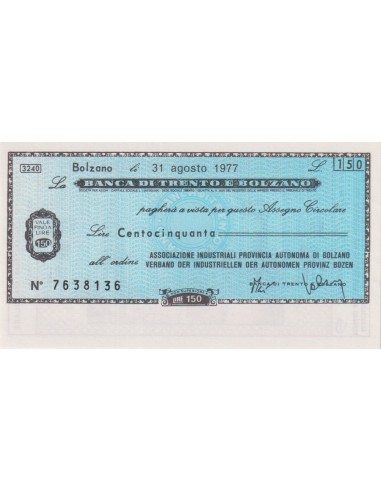 150 lire Ass. Industriali Prov. Autonoma di Bolzano - 31.08.1977 - (BTB59) FDS