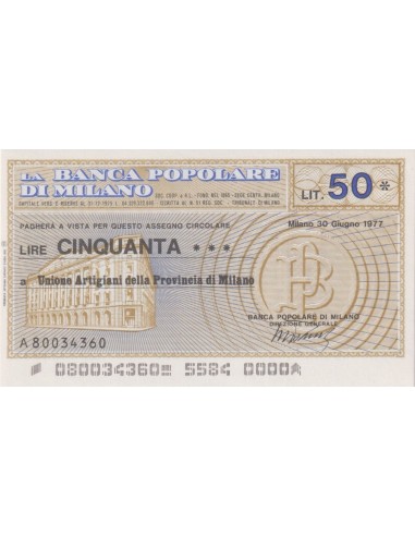 50 lire Unione Artigiani della Provincia di Milano - 30.06.1977 - (BPM10) FDS