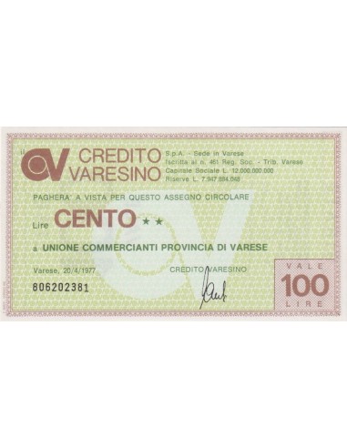 100 lire Unione Commercianti Provincia di Varese - 20.04.1977 - (CRVA10) FDS