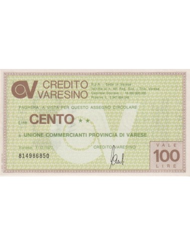 100 lire Unione Commercianti Provincia di Varese - 01.12.1977 - (CRVA16) FDS