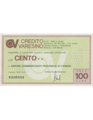 100 lire Unione Commercianti Provincia di Varese - 20.02.1978 - (CRVA17) FDS