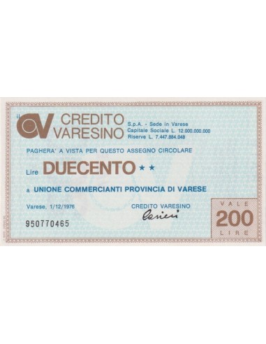 200 lire Unione Commercianti Provincia di Varese - 01.12.1976 - (CRVA25) FDS