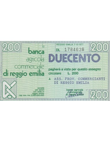 200 lire Ass. Prov. Commercianti di Reggio Emilia - 07.10.1977 - (BCRE13) FDS